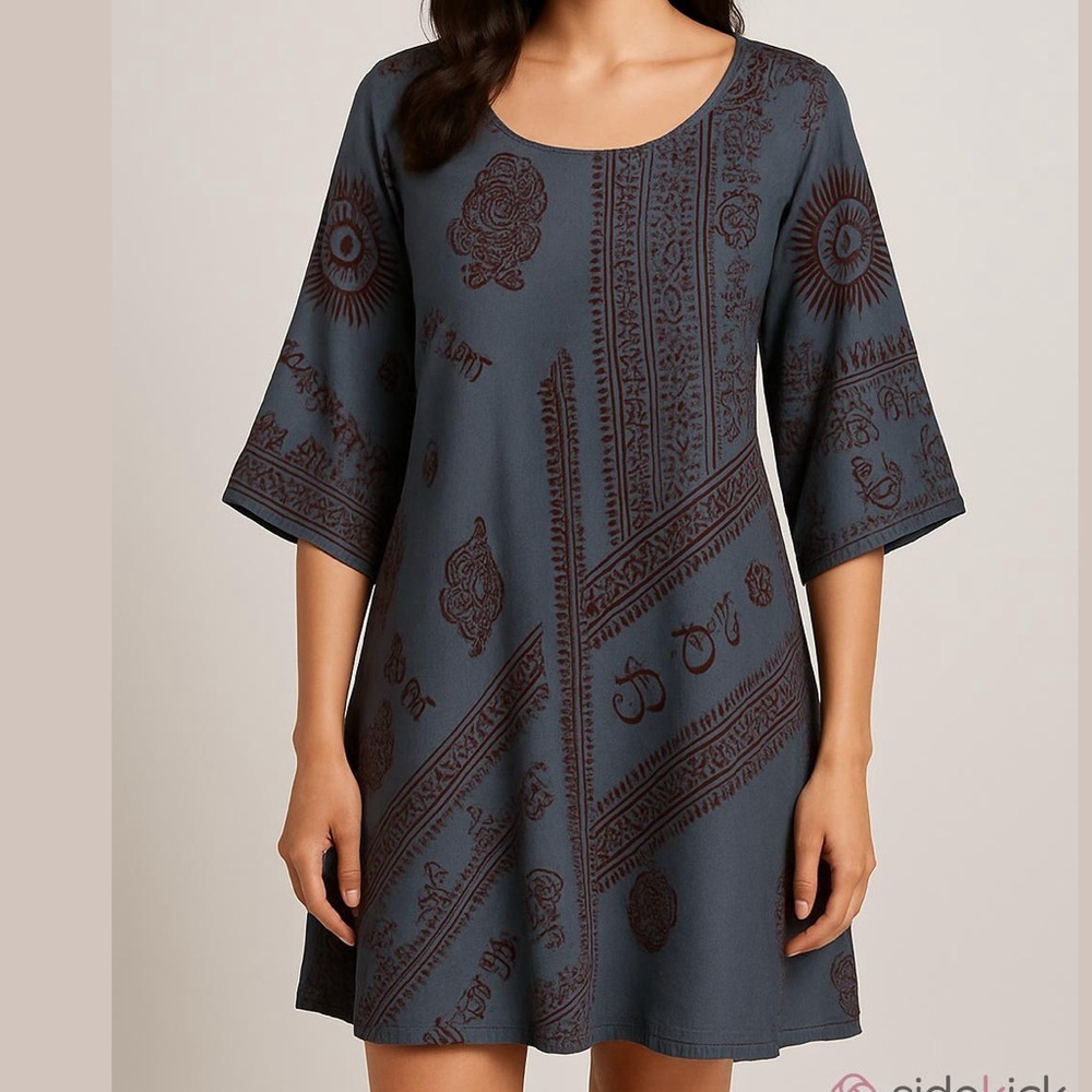 LEOPARDS & ROSES long dress handmade handprinted tribal print 3/4 sleeves sz 2X